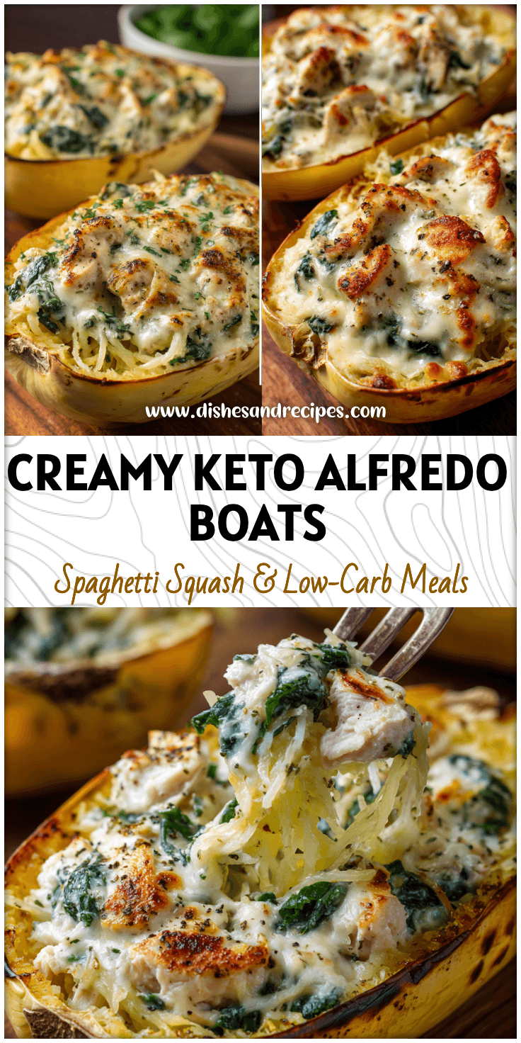 Halved spaghetti squash boats filled with creamy chicken Alfredo, spinach, and golden melted cheese.