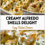 Golden Chicken Alfredo Stuffed Shells topped with creamy sauce and parsley on a white baking dish