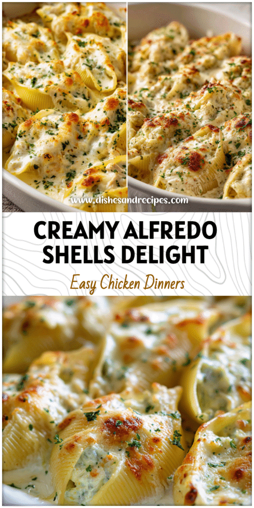 Home 9 Golden Chicken Alfredo Stuffed Shells topped with creamy sauce and parsley on a white baking dish