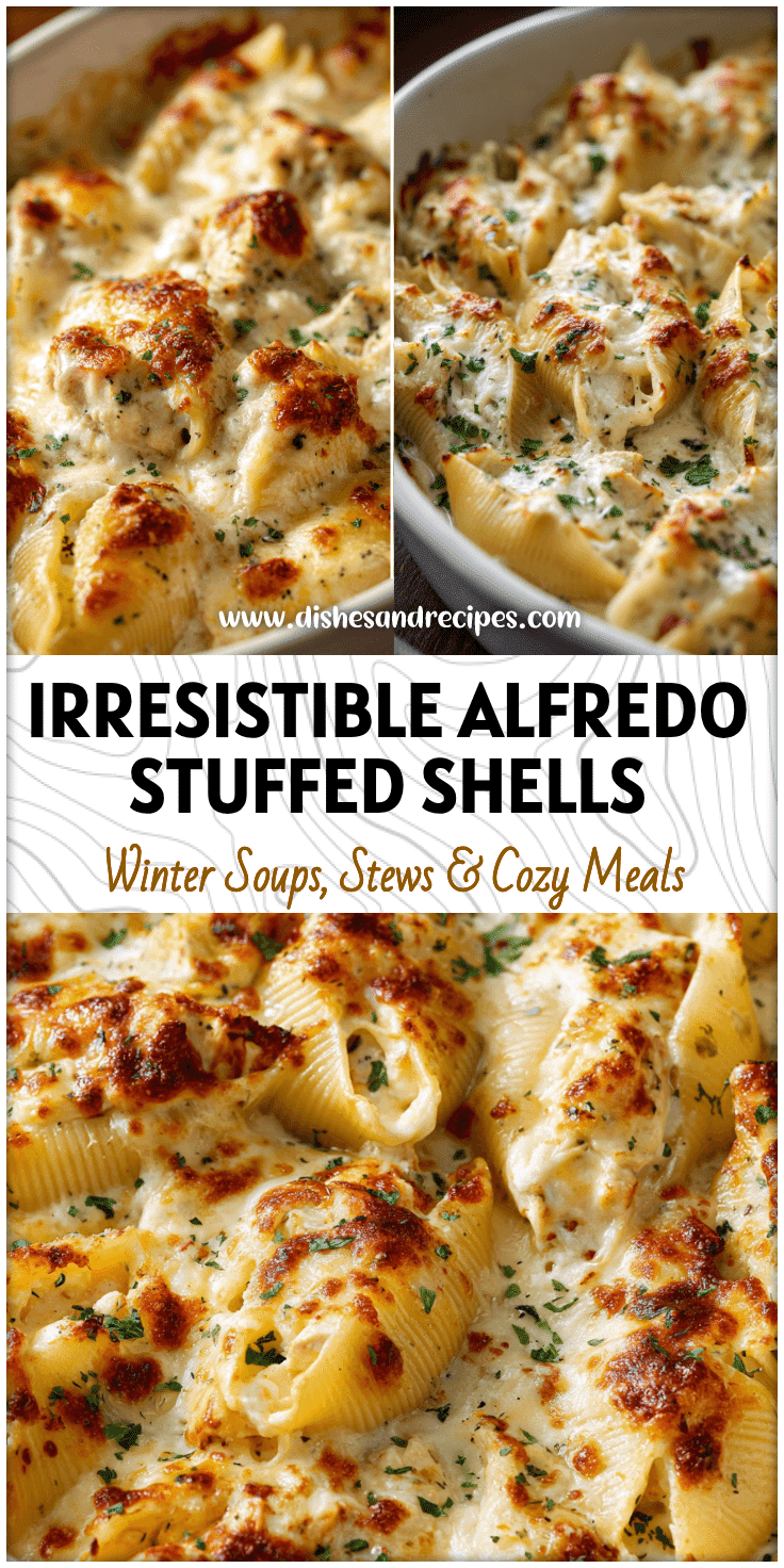 Golden Chicken Alfredo Stuffed Shells baked in creamy sauce topped with melted cheese.