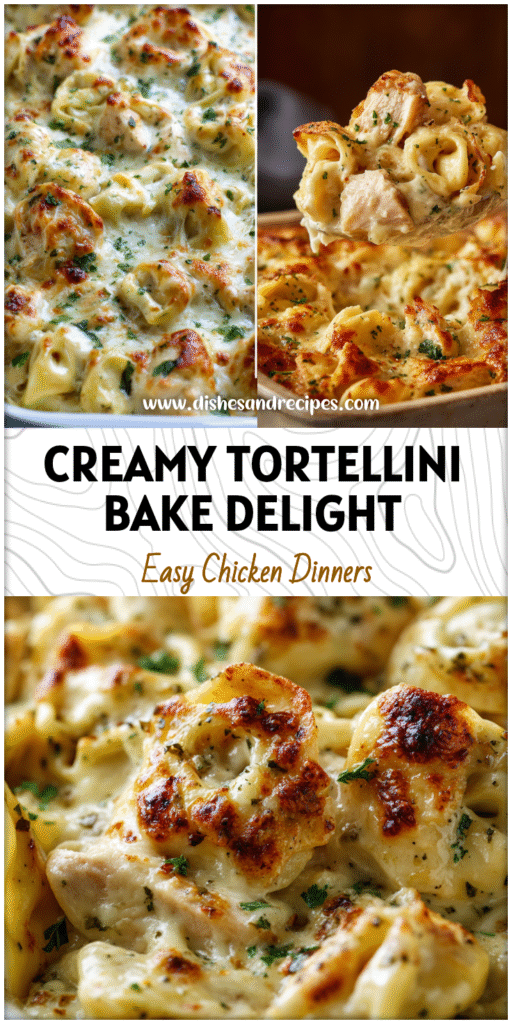 Home 20 Golden baked Chicken Alfredo Tortellini topped with melted cheese and creamy Alfredo sauce in a casserole dish.