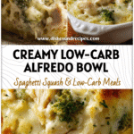 Creamy Chicken Broccoli Alfredo Stuffed Spaghetti Squash baked with golden cheese and herbs.