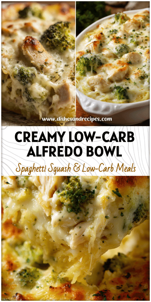 Creamy Chicken Broccoli Alfredo Stuffed Spaghetti Squash baked with golden cheese and herbs.