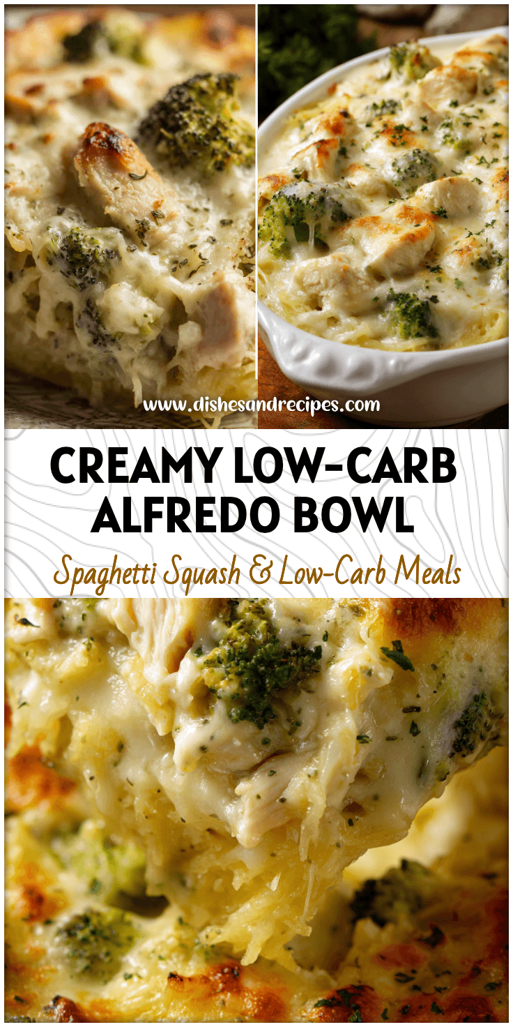 Creamy Chicken Broccoli Alfredo Stuffed Spaghetti Squash baked with golden cheese and herbs.