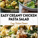 Bowl of creamy Chicken Caesar Pasta Salad with chicken pieces, fresh romaine, and parmesan cheese.