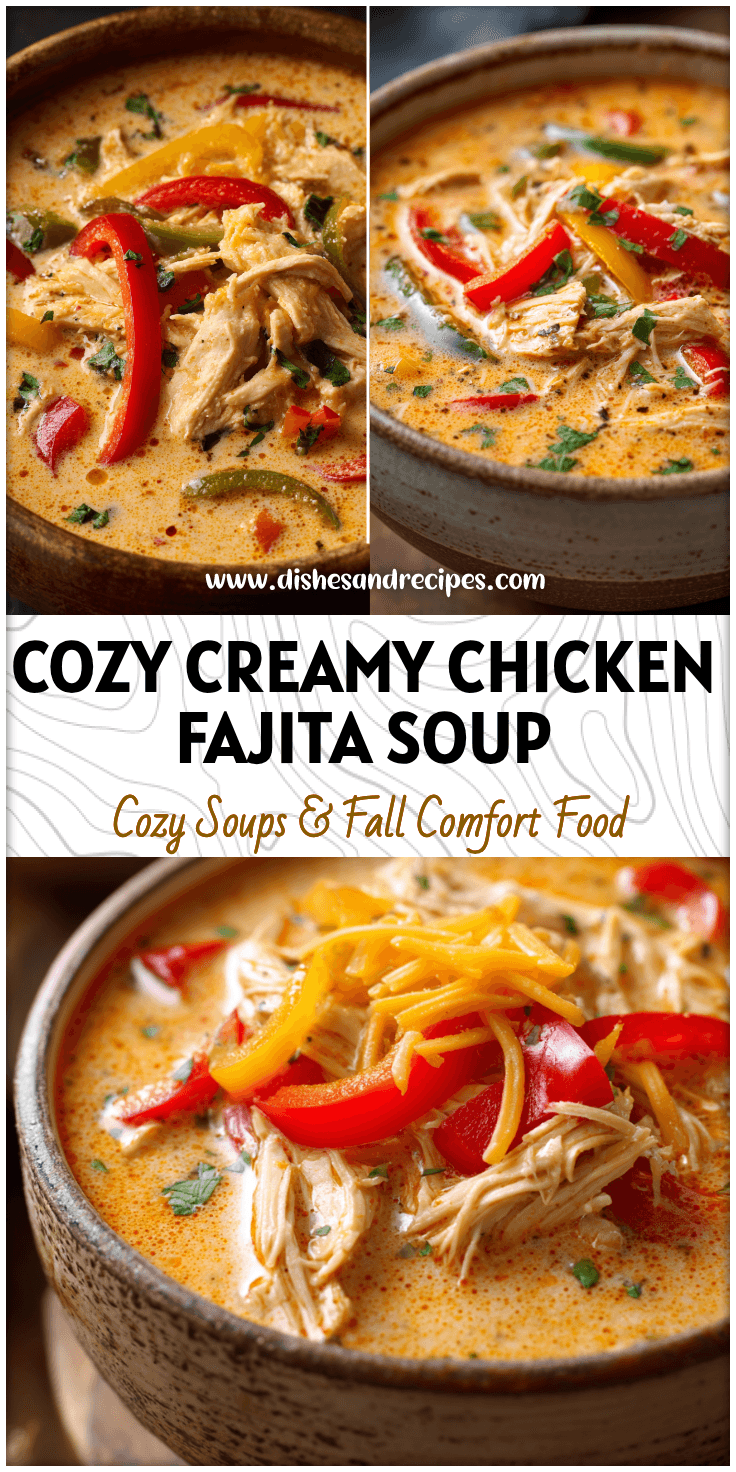 Bowl of creamy chicken fajita soup with peppers, cheese, and shredded chicken in a rustic bowl.