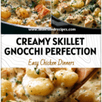 Skillet filled with creamy garlic chicken gnocchi and herbs, a comforting Chicken Dinner Recipe.