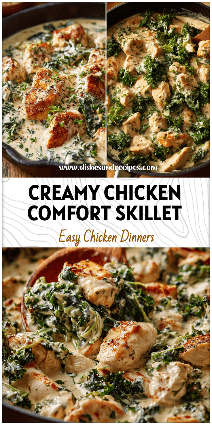 A skillet filled with creamy chicken and kale in rich cream cheese sauce topped with herbs.
