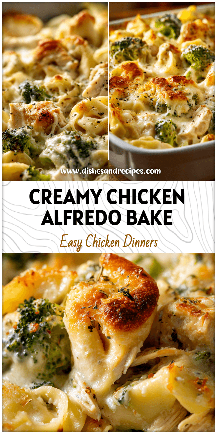 Golden baked Chicken Broccoli Tortellini Casserole layered with creamy Alfredo sauce and melted cheese.