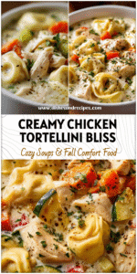 A bowl of creamy Chicken Tortellini Alfredo Soup topped with herbs and tender chicken pieces.