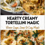 Bowl of creamy Chicken and Cheese Tortellini Soup with fresh herbs and three cheese tortellini.
