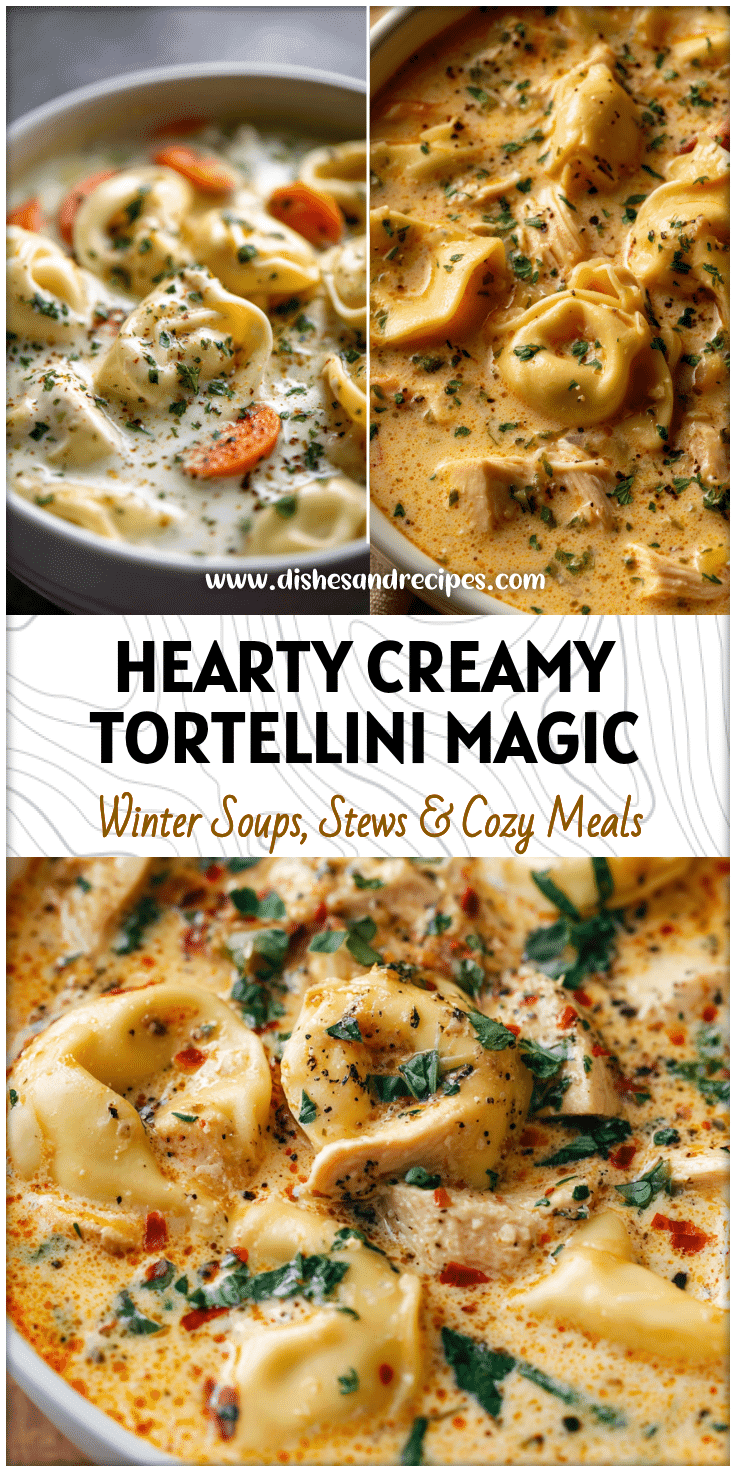 Bowl of creamy Chicken and Cheese Tortellini Soup with fresh herbs and three cheese tortellini.