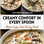 A bowl of creamy chicken and wild rice soup with tender chicken chunks and fresh herbs.