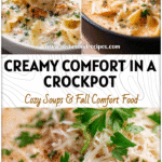 Bowl of Creamy Crockpot Chicken Parmesan Soup topped with melted cheese and fresh parsley.