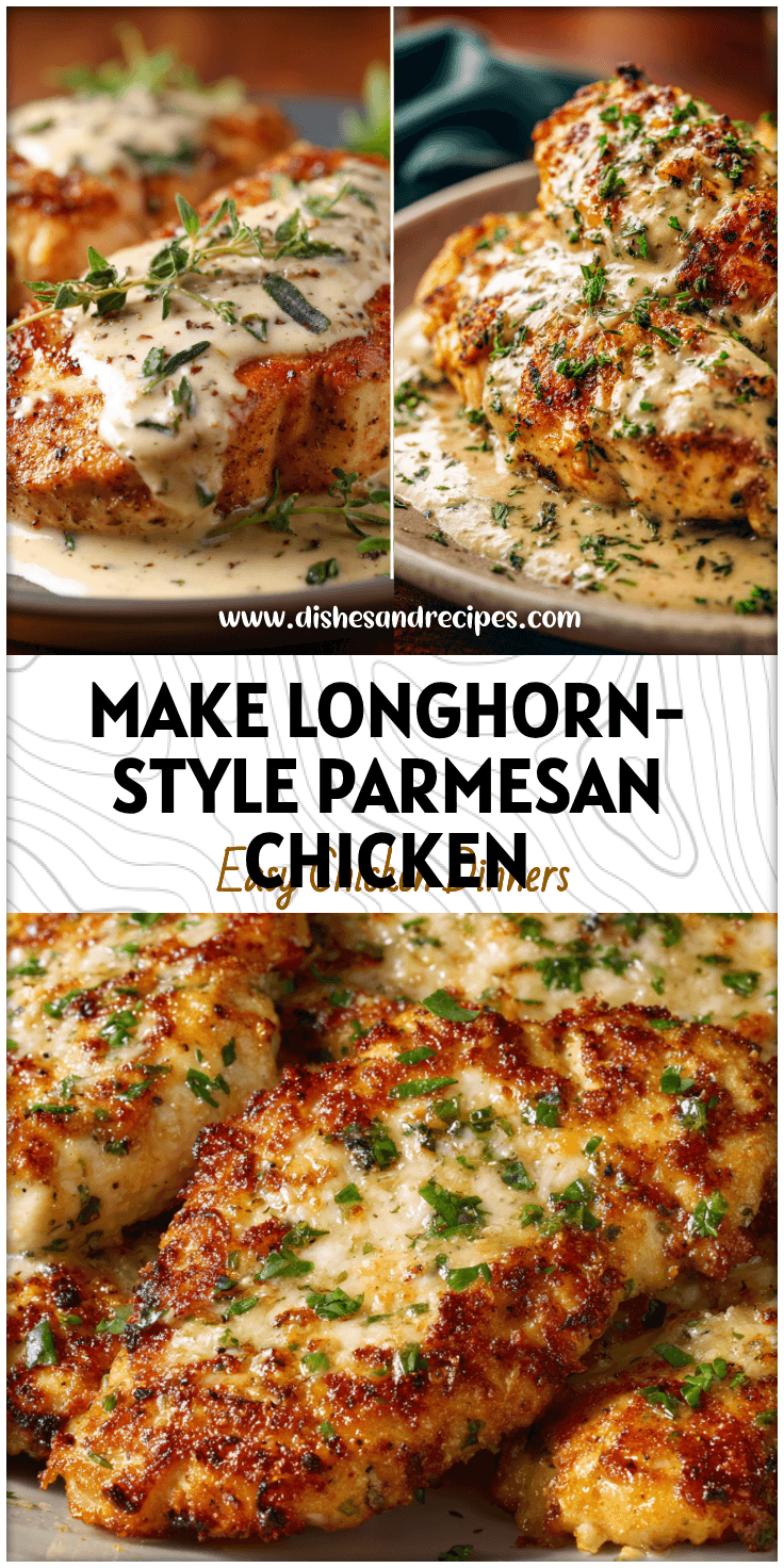 Creamy Garlic Parmesan Chicken on a plate topped with fresh herbs inspired by Longhorn Steakhouse flavors
