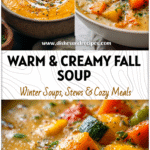 Bowl of creamy harvest vegetable soup with roasted squash, sweet potato, and carrots topped with herbs.