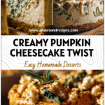 A creamy no-bake pumpkin cheesecake served beside a spinach artichoke chicken dinner for cozy fall vibes