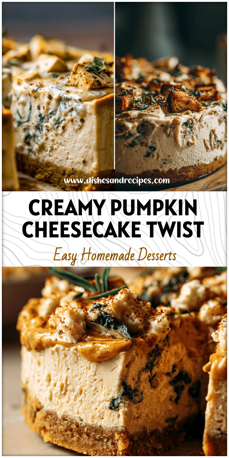 A creamy no-bake pumpkin cheesecake served beside a spinach artichoke chicken dinner for cozy fall vibes