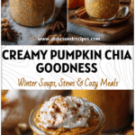 Creamy Pumpkin Spice Chia Pudding Recipe for Autumn Mornings 5 A glass jar of Pumpkin Chai Pudding topped with whipped cream and cinnamon on a rustic fall table.