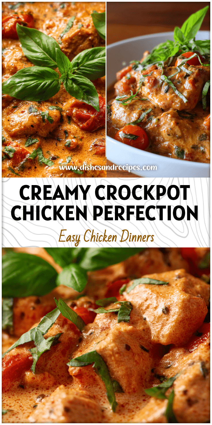 Creamy Tomato Basil Chicken Crockpot dish with tender chicken in rich tomato cream sauce and fresh basil garnish.