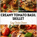 Creamy tomato basil chicken skillet served with Mushroom Pork Chops and rich Creamy Mushroom Sauce.