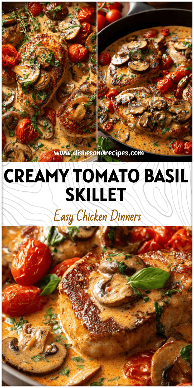 Creamy tomato basil chicken skillet served with Mushroom Pork Chops and rich Creamy Mushroom Sauce.