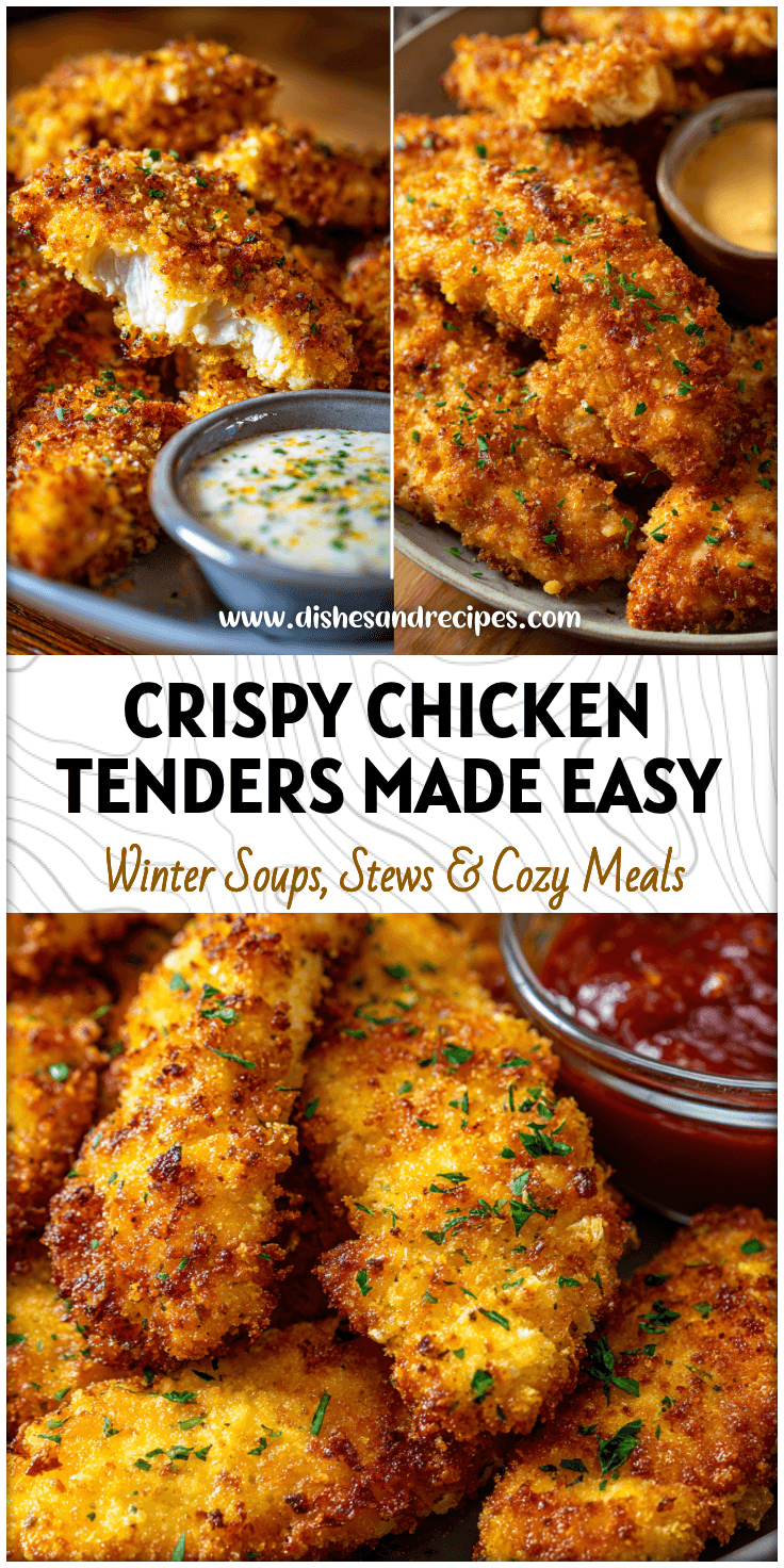 Plate of crispy Air Fryer Chicken Tenders served with dipping sauce and herbs, golden and crunchy.