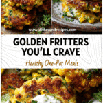 Golden Zucchini Corn Fritters topped with Greek yogurt and fresh herbs on a rustic plate