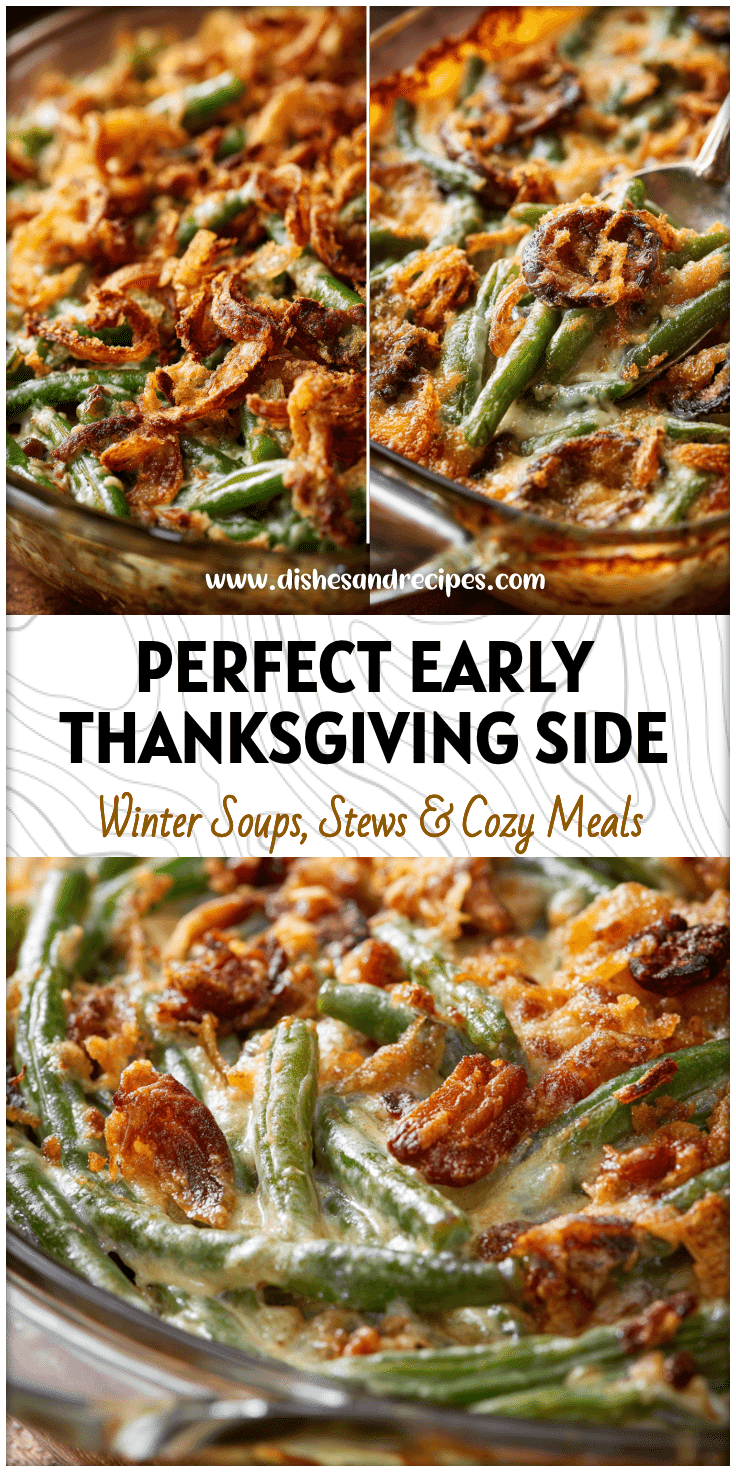 Homemade green bean casserole with real green beans baked in a glass dish for Thanksgiving dinner