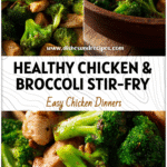 Bowl of healthy chicken and broccoli stir fry with tender chicken pieces and bright green broccoli florets