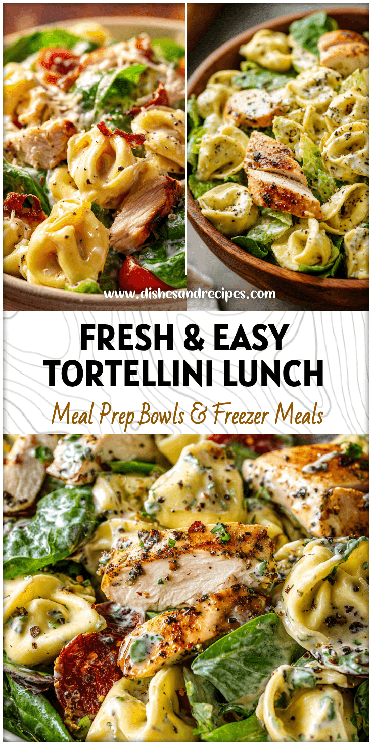 Bowl of Easy Chicken Tortellini Salad with Caesar dressing, grilled chicken, and fresh greens.