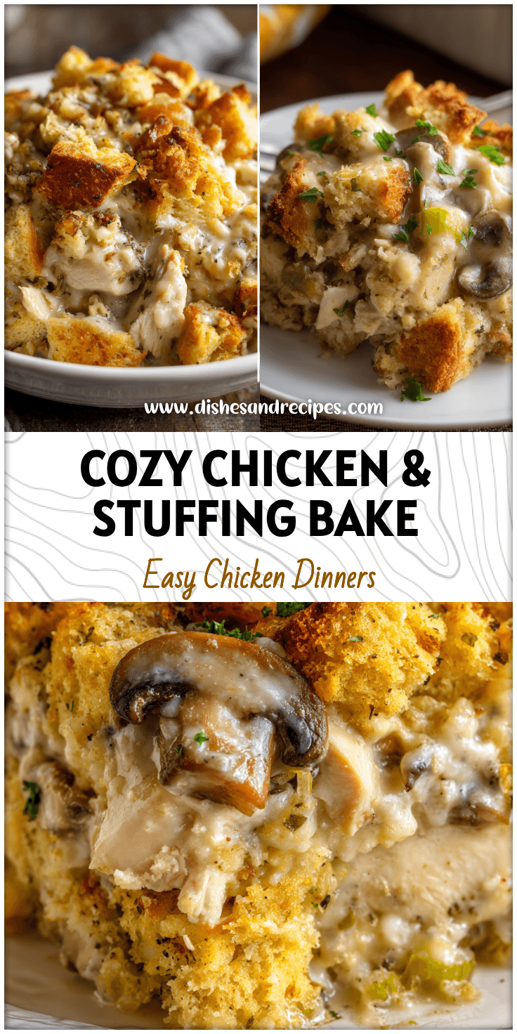Golden baked Chicken And Stuffing Casserole with creamy layers and crispy topping served for a Stuffing Dinner.