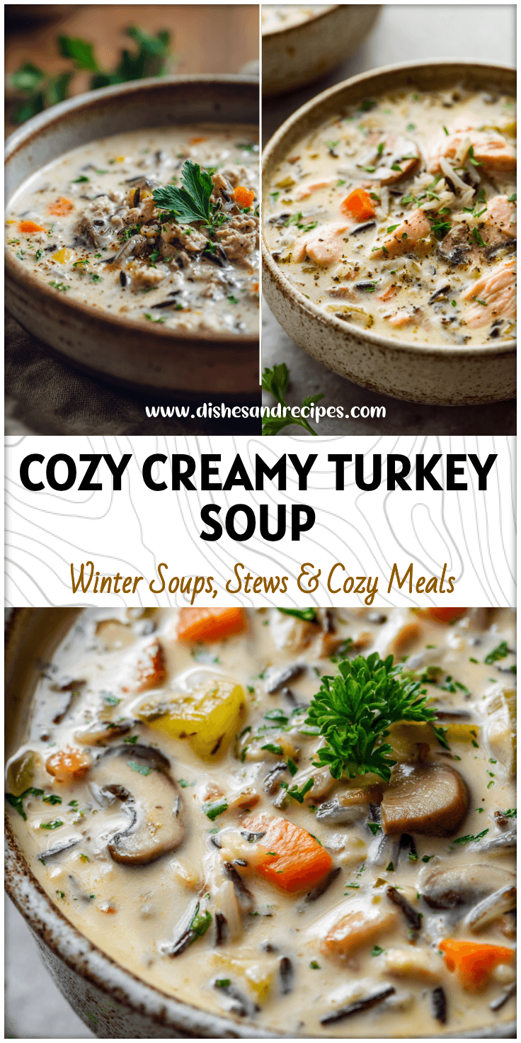 Close-up of creamy Turkey Wild Rice Soup garnished with parsley and served in a rustic ceramic bowl.