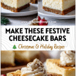 Creamy Eggnog Cheesecake Bars topped with nutmeg on a white plate surrounded by holiday decor.