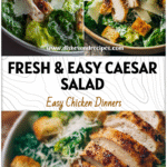 Bowl of Easy Grilled Chicken Caesar Salad with romaine lettuce, sliced grilled chicken, and parmesan shavings.