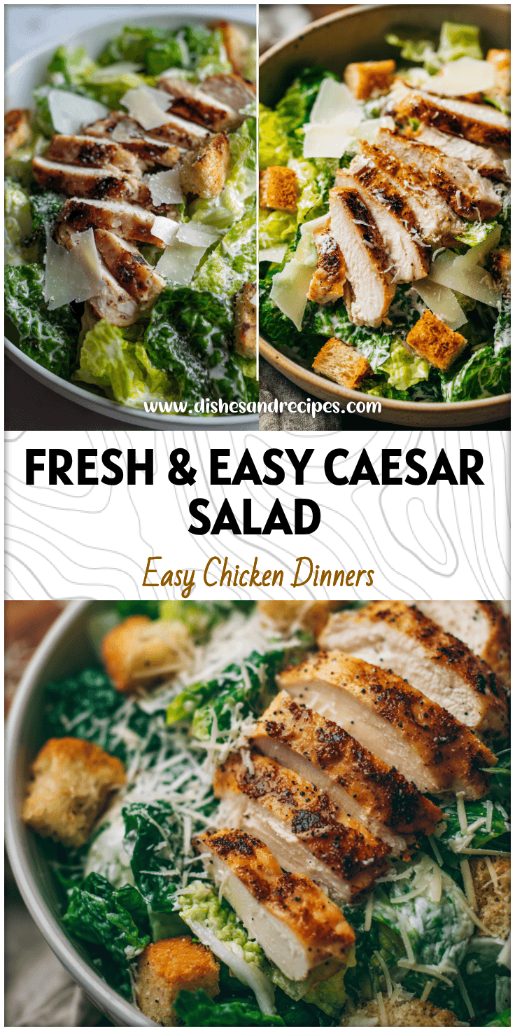 Bowl of Easy Grilled Chicken Caesar Salad with romaine lettuce, sliced grilled chicken, and parmesan shavings.