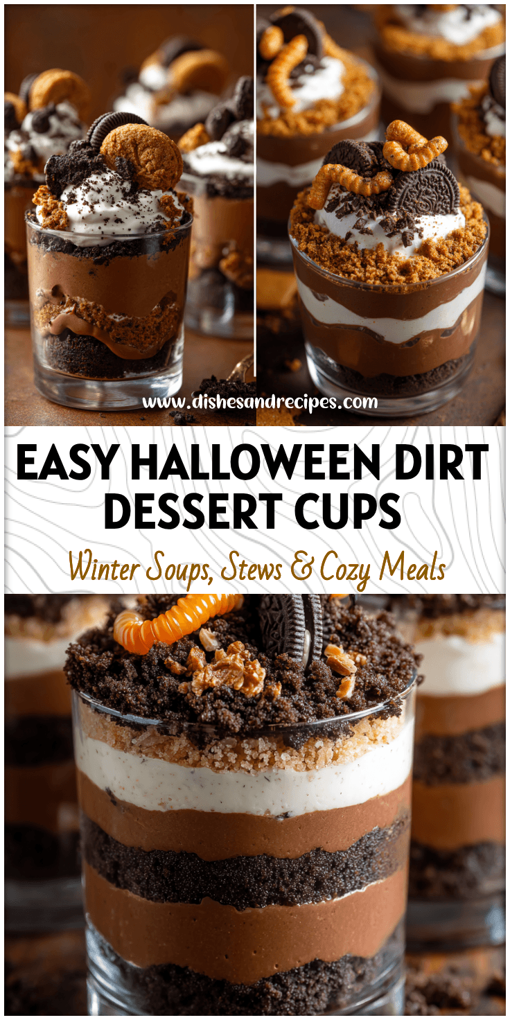 Mini Dirt Cake Cups filled with brownie layers, cookie crumbs, and candy worms for a Halloween Dirt Dessert.