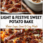 Golden baked sweet potato and pecan casserole topped with candied pecans in a white dish.
