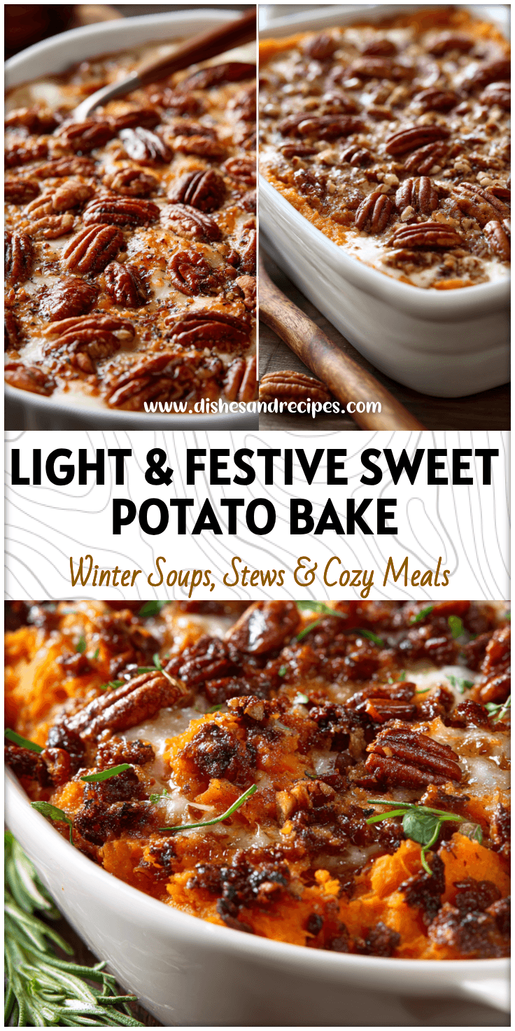 Golden baked sweet potato and pecan casserole topped with candied pecans in a white dish.