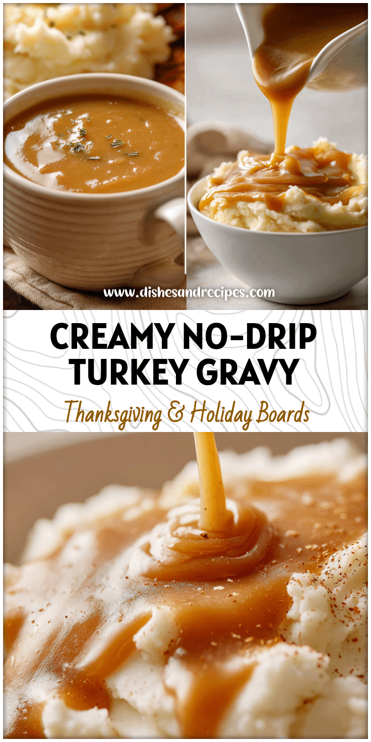 Golden homemade turkey gravy without drippings poured over mashed potatoes for Thanksgiving dinner.
