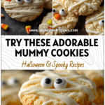 Easy White Chocolate Mummy Cookies for Halloween Parties 5 Close-up of white chocolate Mummy Cookies with candy eyes on a dark Halloween table.
