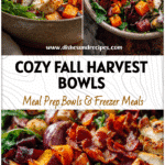 Colorful fall harvest chicken bowl with roasted root veggies, bacon, and greens on a rustic table.
