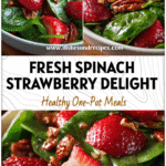 Colorful Spinach Based Salad with strawberries and candied pecans served in a white bowl.