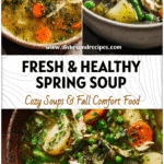 Bowl of Spring Vegetable Chicken Soup with herbs and seasonal vegetables styled for a Spring Herb Soup Dish.