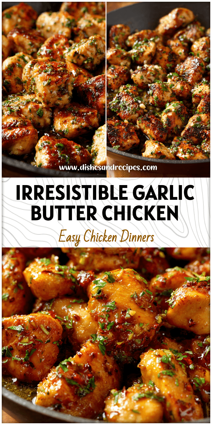 Golden Garlic Butter Chicken Bites served in a skillet with herbs and Cowboy Butter glaze.