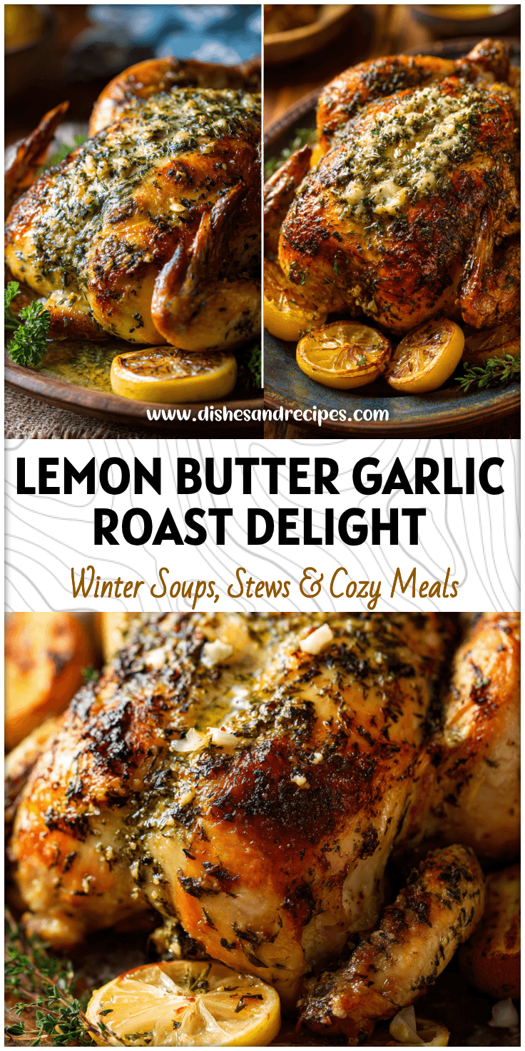 Golden Garlic Herb Roast Chicken with lemon butter glaze and crisp skin on a rustic platter.
