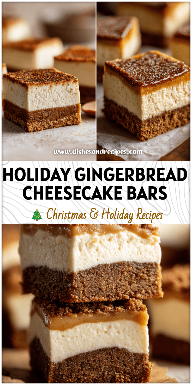 Close-up of Gingerbread Cheesecake Bars with spiced Gingerbread Cookie Crust for Christmas dessert.