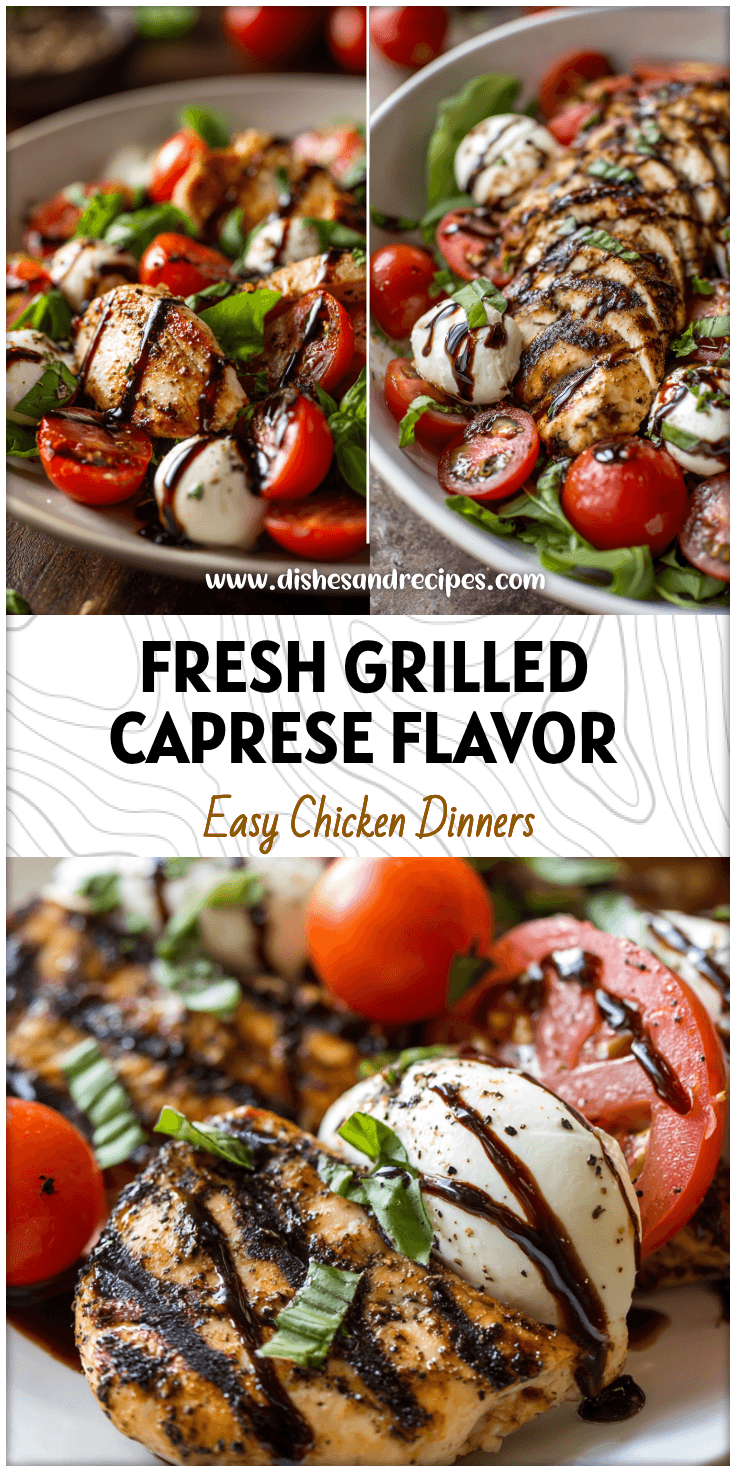 Plate of Grilled Chicken Caprese Salad with tomatoes, mozzarella, and balsamic drizzle.