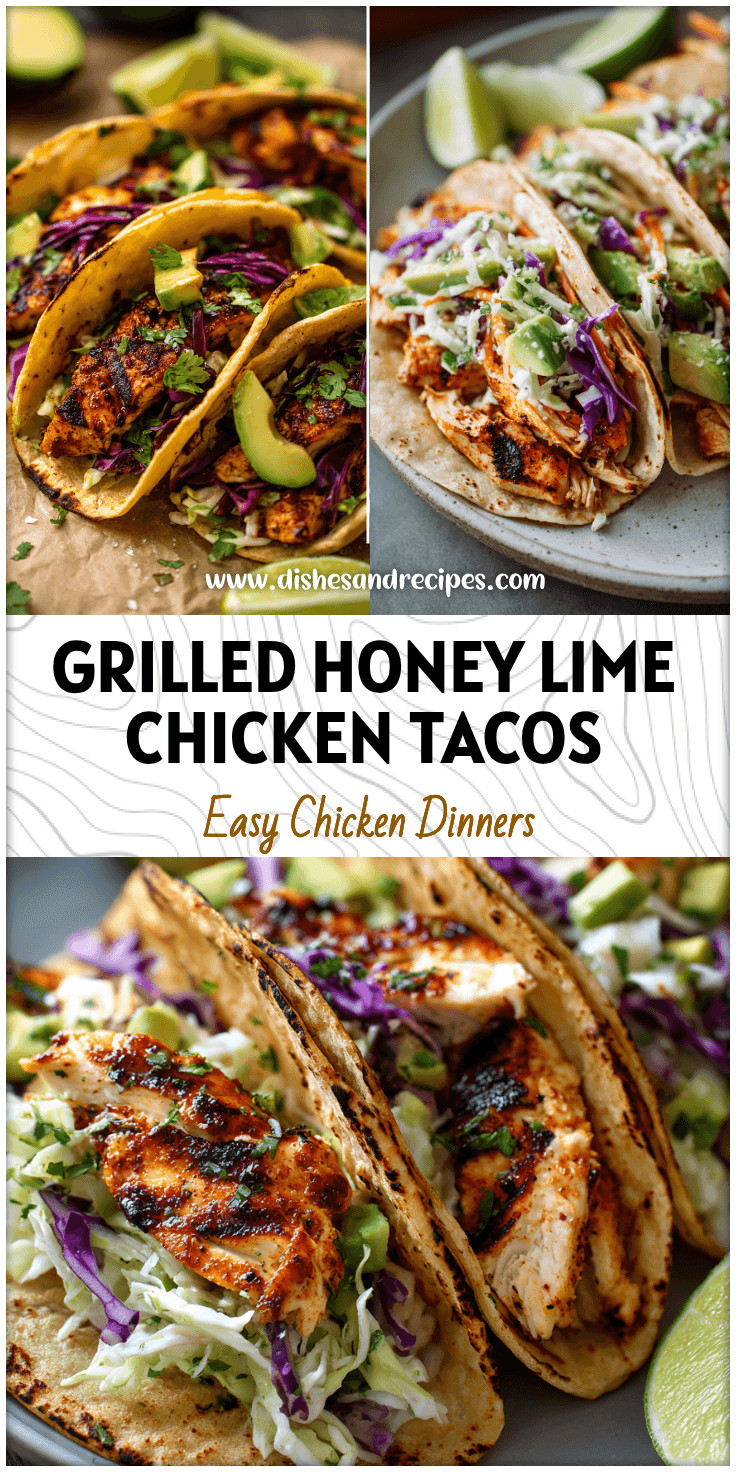 Plate of grilled honey lime chicken tacos with avocado slaw for easy healthy tacos lovers.