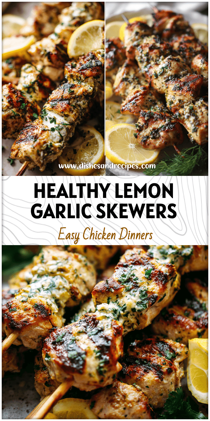 Juicy grilled lemon garlic chicken skewers on a summer platter with herbs and lemon wedges.